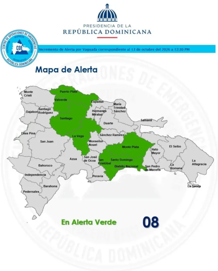 COE coloca ocho provincias y el Distrito Nacional en alerta verde por vaguada