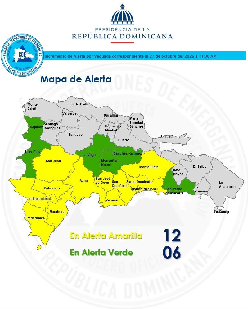 COE amplía alerta amarilla a 12 demarcaciones por lluvias y tormentas eléctricas